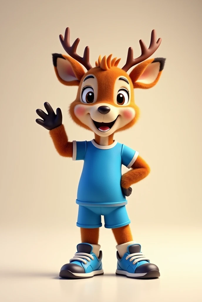 3d cartoon, realistic cartoon of a mascot deer, a furry mascot deer smiling and waving, blue sports shirt and shorts, sneakers 