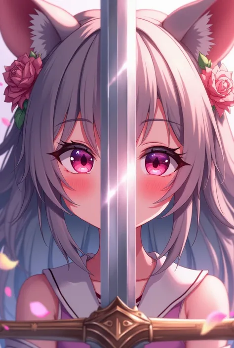 Image of a beautiful anime-style girl reflected in the sword blade1 , laughter, gaping mouth, bangss, animal ears, aretes, slightly separated lips, teeths, language, pink eyes, Masterpiece artwork, surrounded by flowers