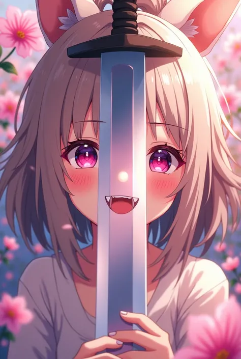 Image of a beautiful anime-style girl reflected in the sword blade1 , laughter, gaping mouth, bangss, animal ears, aretes, slightly separated lips, teeths, language, pink eyes, Masterpiece artwork, surrounded by flowers