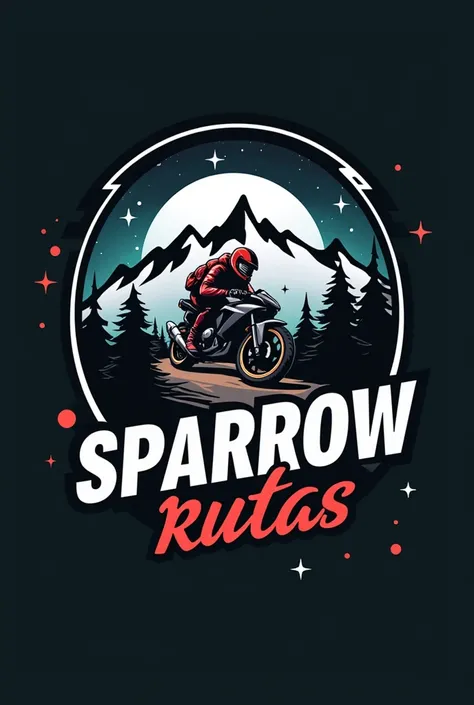 a circular logo , with white border, dark background, With the name "SPARROW RUTAS" in motorutes style , mountain and roblox, logo con borde blanco