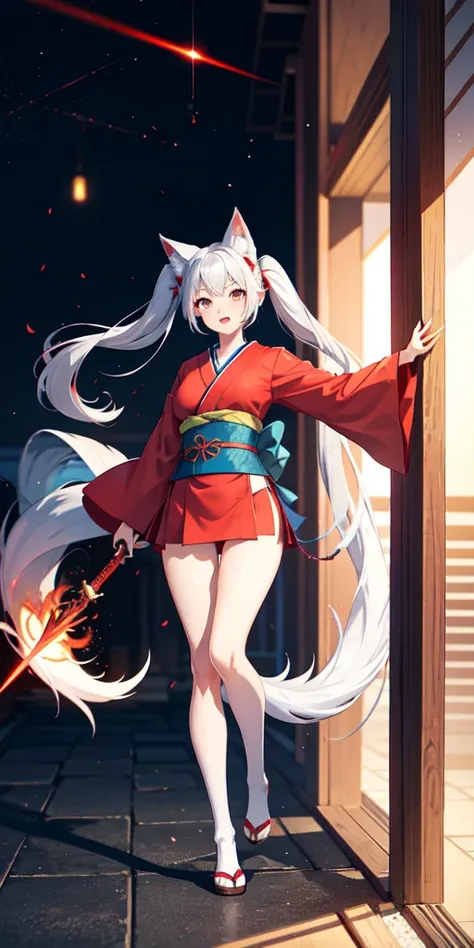 1 person,woman,Red kimono, Twin tails ,Silver Hair,Blue Flame, wallpaper, landscape,Depth of written boundary, night, Particles of light, light, Side light, Thighs,****, Red light armor,mini skirt, White knee socks, cloud,Gaze, Large Breasts, Holds a long ...