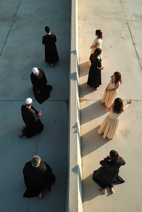 view from above, a high wall separating two plots of land, on one side of the wall bearded Iranian men in underwear pray together on their knees with Islamic caps on their heads, on the other side of the wall women standing in evangelical dresses praise st...