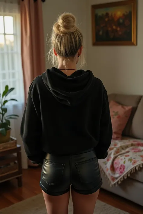 black woman hair in a bun black hoodie black leather short shorts getting fucked in the ass by a old age white grandma in a dress in a living room 