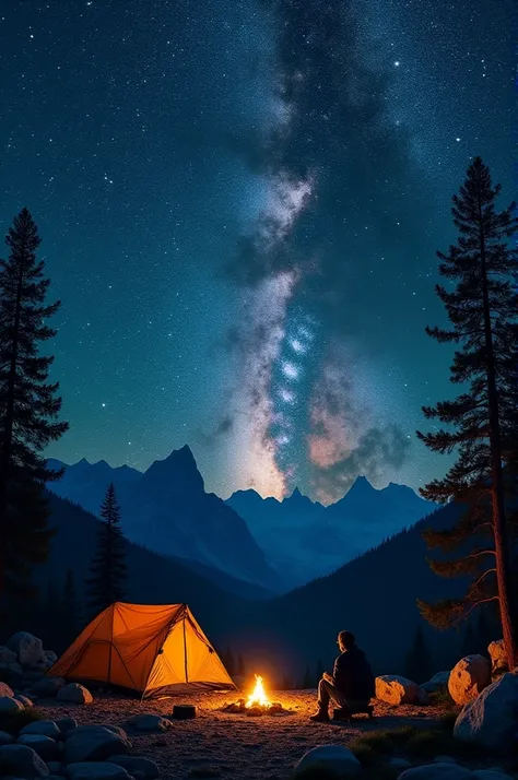 A cozy campsite under a star-studded sky in the wilderness, with the Milky Way clearly visible