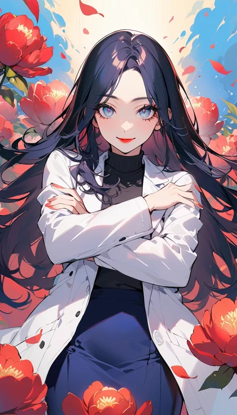 1woman, solo, black hair, middle part, long hair, gray eyes, droopy eyes, detailed eyes, eyelashes, red lips, smile, 25years old, crossed arms, wear white lab coat, Black turtleneck, Navy blue pencil long skirt, Many peonies