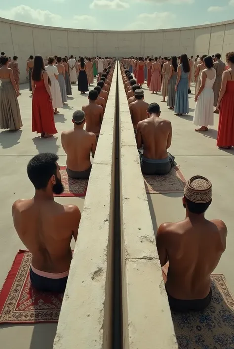 view from above, a high wall separating two plots of land, on one side of the wall bearded Iranian men in their underwear pray together on their knees with Islamic headdresses on their heads, on the other side of the wall women standing in evangelical dres...