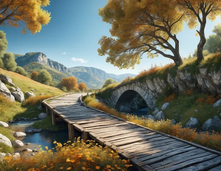 Ground view of a hyperrealistic picturesque dirty road accompanied by leafy autumn trees nestled in a valley encircled by majestic smooth hills under a clear blue sky, side erosion, old worn and cracked wooden bridge over stream, small natural mountain wat...