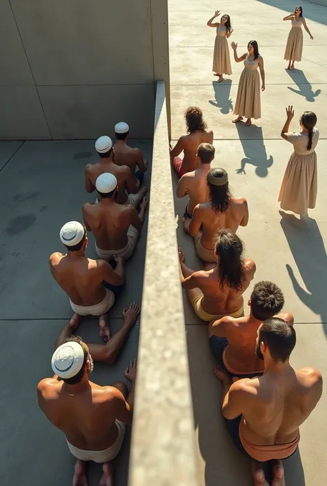 view from above, a high wall separating two plots of land, on one side of the wall bearded Iranian men in their underwear pray together on their knees with Islamic headdresses on their heads, on the other side of the wall women standing in evangelical dres...