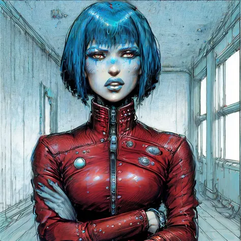 a close up of a woman in a red jacket with blue hair, beautiful female neuromancer, as a retrofuturistic heroine, mila jovovich as spiderwoman, as illustrated in top cow comics, as a retro futuristic heroine, chris moore. artgerm, inspired by José Comas Qu...