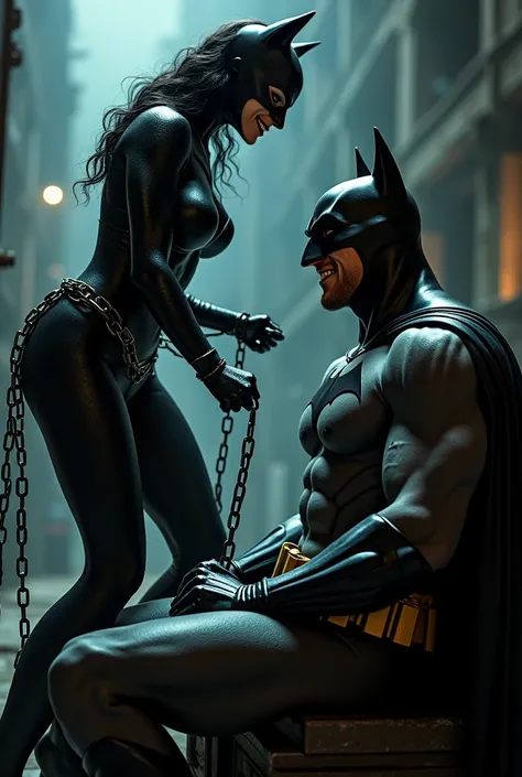 Catwoman torturing Batman while chained up and Batman mooning her