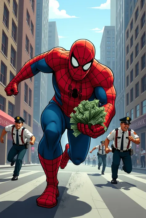 The image youve uploaded shows a humorous and exaggerated scene where a plus-sized Spider-Man is running down a city street with a large amount of cash, pursued by three police officers who are in a panic. The image has a comical and cartoonish tone, with ...