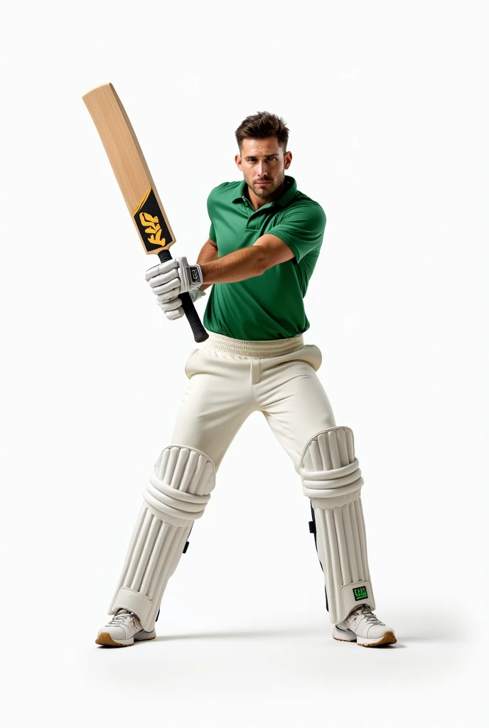 man in green collared shirt, and white trouser, holding cricket bat in cover drive postion, showing bat to viewer, with white backgound