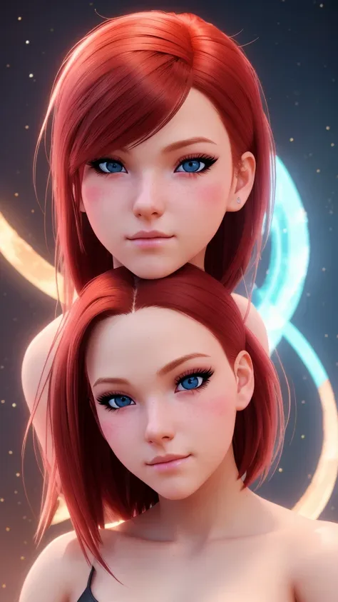 1girl, star eye, blush, perfect illumination, red hair, red eyes, unreal engine, sidelighting, detailed face, bangs, bright skin...