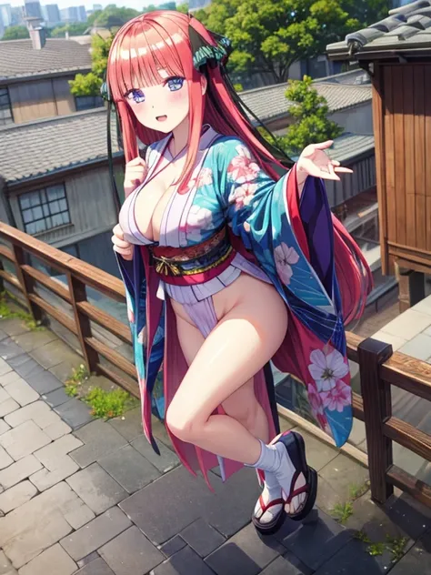 best quality, insanely detailed, nino nakano, breasts, blush, looking at viewer, cheerful eyes, arousal, kimono, highleg kimono, athletic kimono, tight kimono, pussy, full body, roof top background, airwalking, pussy line