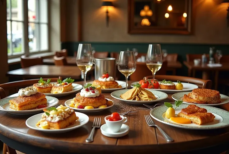 a table with various dishes from French cuisine