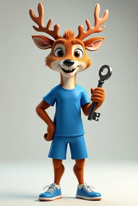 3d cartoon, realistic cartoon of a furry mascot deer, a furry mascot deer smiling and holding 1stilson key, blue sports shirt and shorts, sneakers 