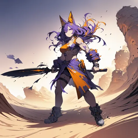 fox girl, medium skin, 1 young beautiful muscular body, fierce expression, holding a scimitar, (colors on her clothes, warm, orange, yellow, violet:1.3), standing on a desert, dramatic lighting, intense shadows, sandy texture, tall contrast, vibrant colors...