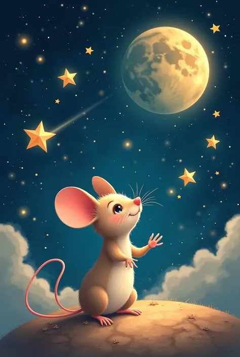 A drawing for a story about a mouse that sings in space for dancing stars, jumping moons, There must be comets, flashes and a space background