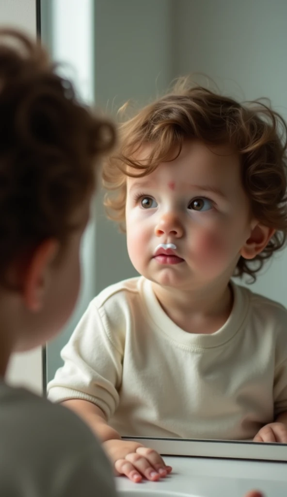 Create UHD photorealistic realistic photo, no animation, no 3D image, no Pixar style animation, no extra fingers. 30-month-old Italian-French toddler boy with milk mustache, looking in mirror, pretending to groom. Sony A7R IV, 85mm f/1.4 lens for bokeh. St...