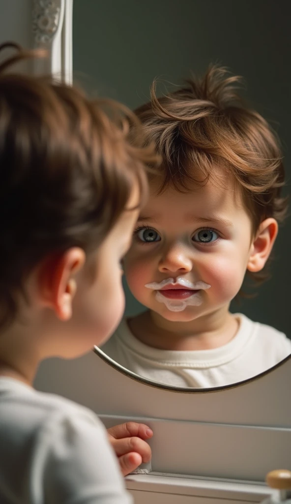 Create UHD photorealistic realistic photo, no animation, no 3D image, no Pixar style animation, no extra fingers. 30-month-old Italian-French toddler boy with milk mustache, looking in mirror, pretending to groom. Sony A7R IV, 85mm f/1.4 lens for bokeh. St...