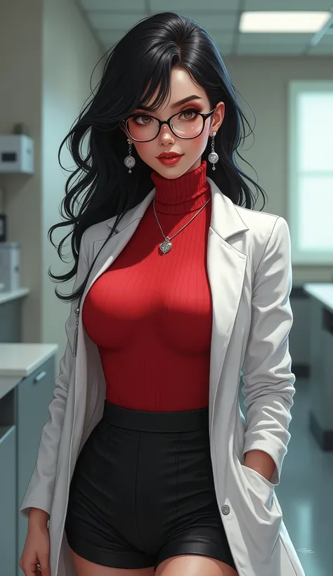 masterpiece, best quality, black hair, glasses, necklace, earrings, red sweater, turtleneck, labcoat, black miniskirt, large breasts, upper body, looking at viewer, doctors office, smile, mischievous