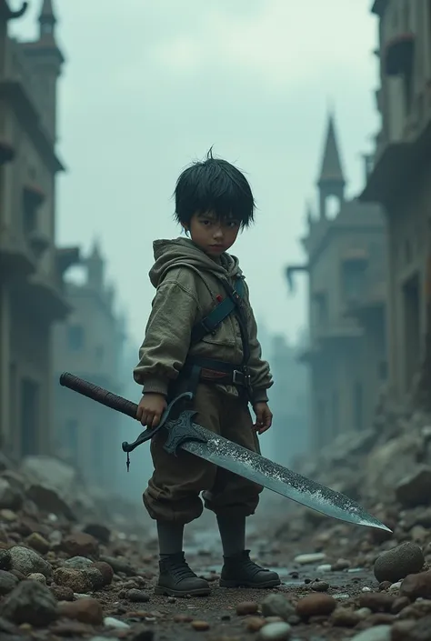 A boy holding a shadowy sword in a destroyed place 
