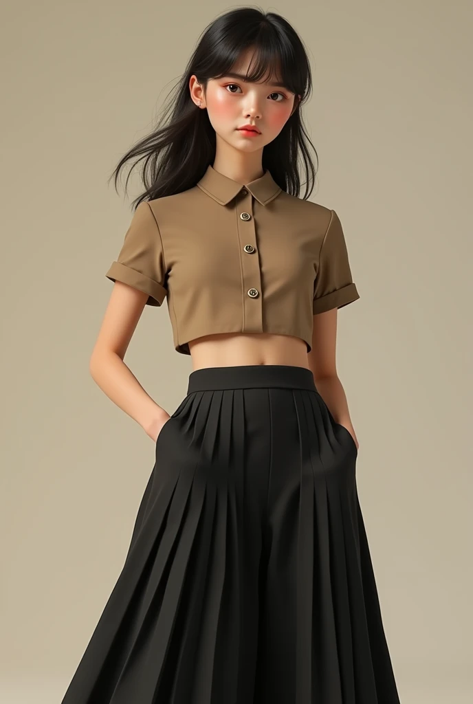 161cm tall girl with long black flared skirt with some horizontal pleats and vintage beige Beatles crop top with short sleeves and a darker shade of brown