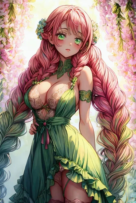 Convert your flower art into illustration.、Create backgrounds with vibrant colors and unique touches　The type of flower is statice、Gypsophila、sweet pea、Mix in some lace flowers, big breasts, cleavage, pink hair, green eyes, (green highlights), green braids...