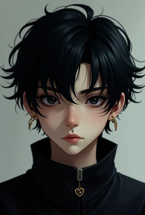 Black haired boy with black eyes and some piercings