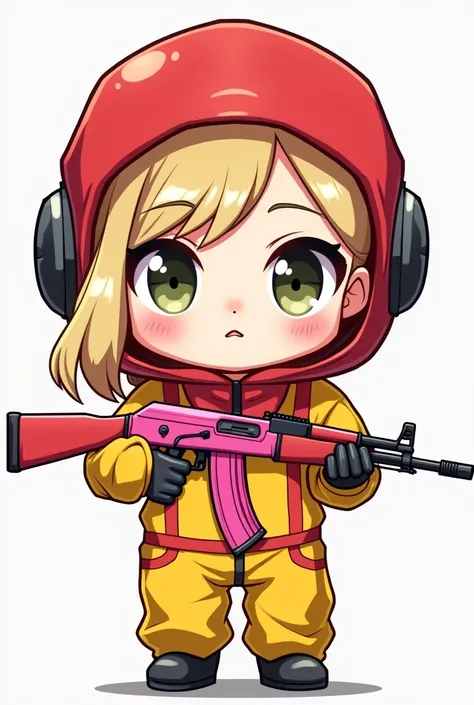 DESSIN VERSION CHIBI D UN PERSONAGE FILLE AU CHEVEUX BLOND DU JEUX VIDEO RUST EN HAZMAT QUI EST ROUGE SUR LA TETE ET JAUNE SUR LE CORT LA CAPUCHE EST CARRE AVEC UNE AK ROSE DANS UNE MAINS ET DANS L4AUTRE ELLE LEVE LA VISIERE DE SON HAZMAT
