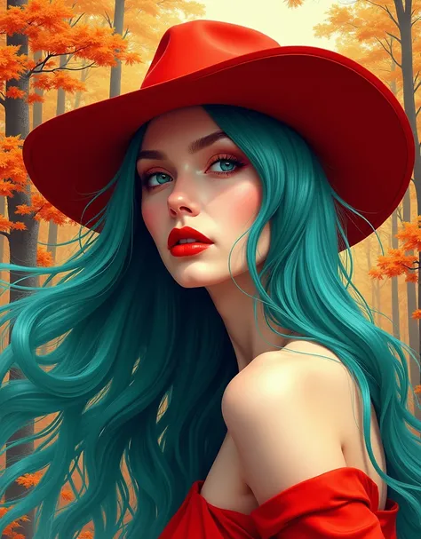 a beautiful woman with long teal hair, red hat, autumn trees, white and bright op art colors, vector op art style art deco, digital art concept, detailed design, fashion magazine cover-inspired elegant composition, bold patterns, vibrant color palette with...