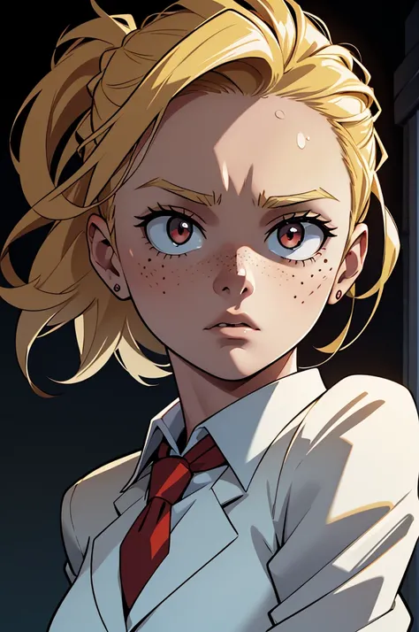 A front-facing image of the same young blonde girl, her hair just above her shoulders, wearing a school uniform. The uniform consists of a crisp white shirt, a red blazer, and a black tie. Her eyes, usually determined, are now wide with fear, glowing golde...