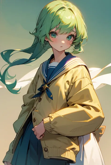 One girl,Carriage buds、Green Hair、beautiful girl、Sailor suit、Beige cardigan、cute、Highest quality