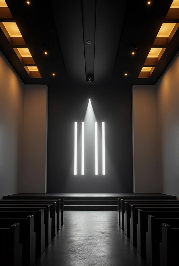 Make the Interior of an Evangelical Church, with black ceiling and bottom, white side walls. Also place yellowish light points on the ceiling of the church.. Put movies lighting up the stage. 
Place a LED panel in the background.
Place a stage lighting wit...