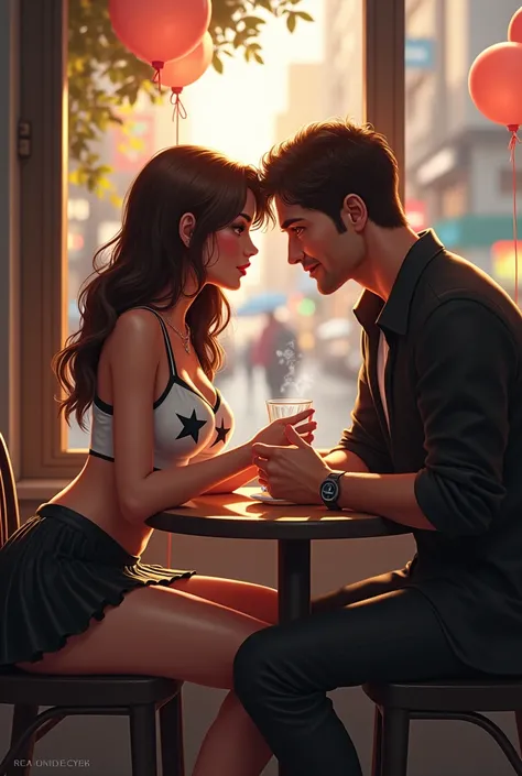 A beautiful and sexy young girl, 2, with big breasts, brown hair color for men, wears a cheerleading style miniskirt, a white tank top with a star print, meets his 4 godfather,  in a cafe in the city center.