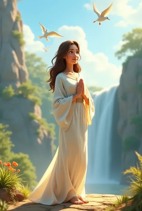 Create a Disney Pixar character. 
Jesus from the biblical story in a white dress, with a , Jesus holding her hands.
 Its a sunny day.
A place with mountains and waterfalls and birds 