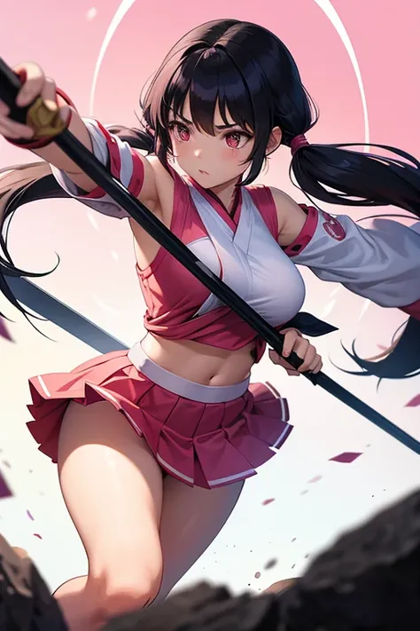 One girl, Miko costume，Pink mini skirt，Fight with a sword，Black Hair, Low twin tails, Long Hair, Large Breasts, In combat，H Cup