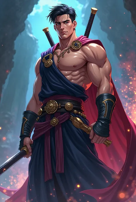 A warrior in his 30s with two swords On his back black hair No scar on his entire body Handsome but a warrior looks 90s Anime style Front look  This one is good but not a samurai look he is someone who is working for gods on other world As their commander ...