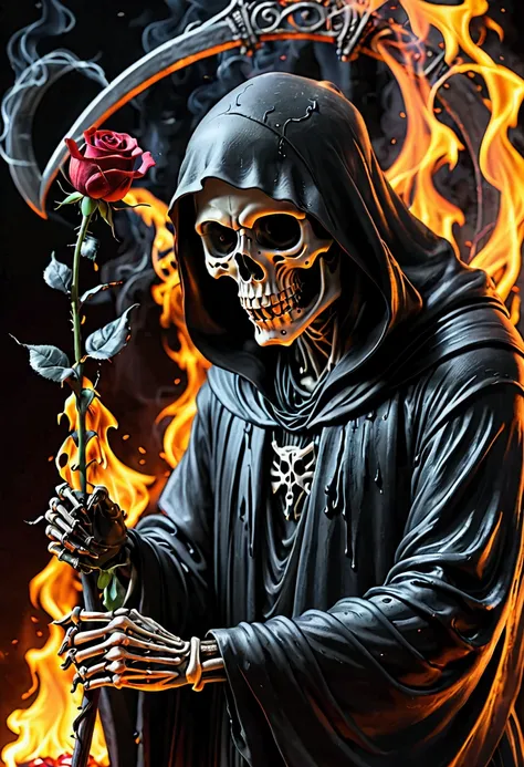 Grim reaper crying over burning rose 