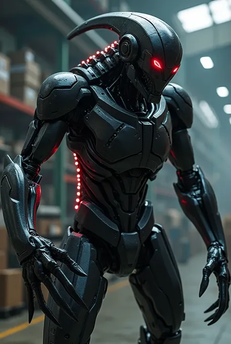 Create a hyper-realistic 4D image of a futuristic robotic entity with a sleek black exoskeleton on the back., equipped with a series of flashing red lights and sharp metal appendages resembling sickle-like blades. The robot is in a dynamic attack pose in a...