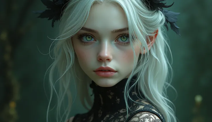 Young Caucasian woman in gothic style, white hair and green eyes