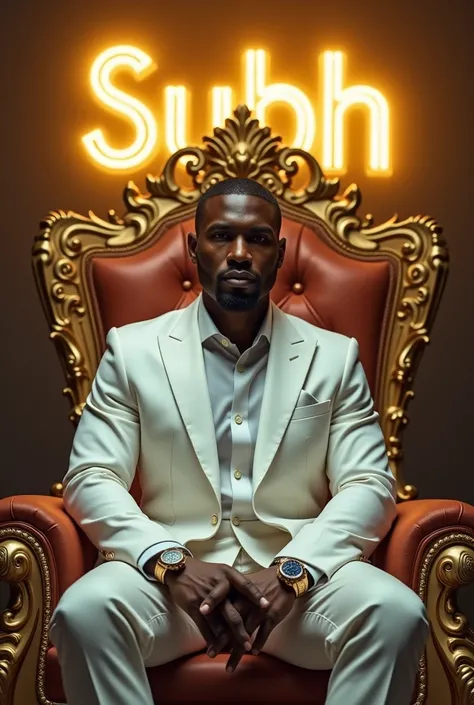 Create a illusion image where a man wearing luxury white suit and sitting on king type old golden chair, where is shadow of lion in background.
Man is looking in attitude.
In background "SUBH" is written with bold and golden neon effects in bold letters.
A...