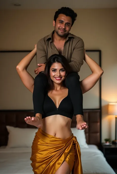 Beautiful and Slim, Sexy Indian woman in black blouse golden saree lifting a large chubby man above her shoulders, man is sitting on womans shoulders, in a bedroom with high ceiling, natural smile, woman is looking into the camera , full body image 