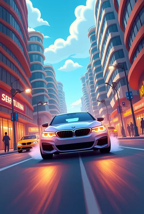 A BMW car navigating through a stylized cartoon cityscape, with tall, curvy buildings and animated street lights. The car has a playful, dynamic expression with headlights like eyes, as it zooms past cartoonish traffic and pedestrians
