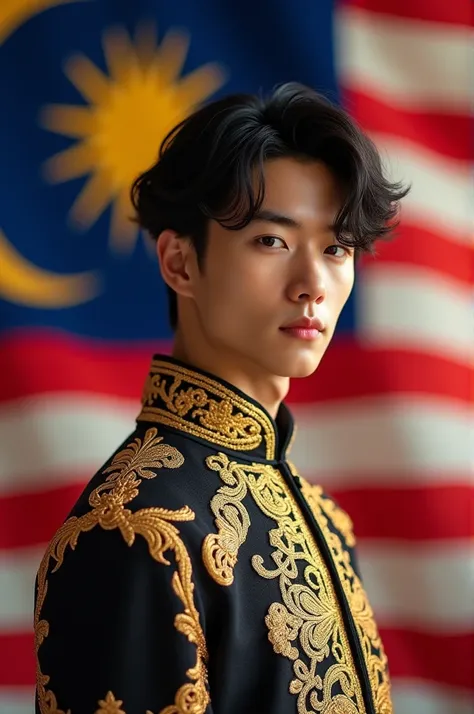 handsome young man , Korean face , stylish , wearing royal clothes and malaysian flag logo , Malaysian flag background 