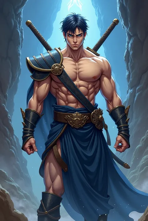 A warrior in his 30s with two swords On his back black hair No scar on his entire body Handsome but a warrior looks 90s Anime style Front look  This one is good but not a samurai look he is someone who is working for gods on other world As their commander ...