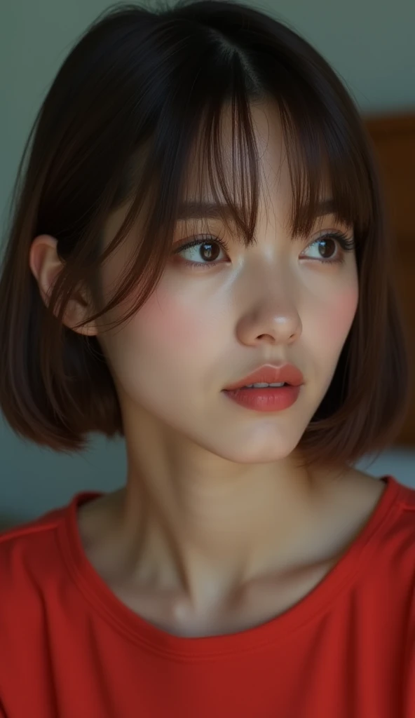 A close-up, realistic portrait of a woman with short, straight brown hair, a neutral expression, and natural makeup, set against a solid bedroom background. The woman is wearing a red top. and is gazing towards the left side of the camera. The image captur...