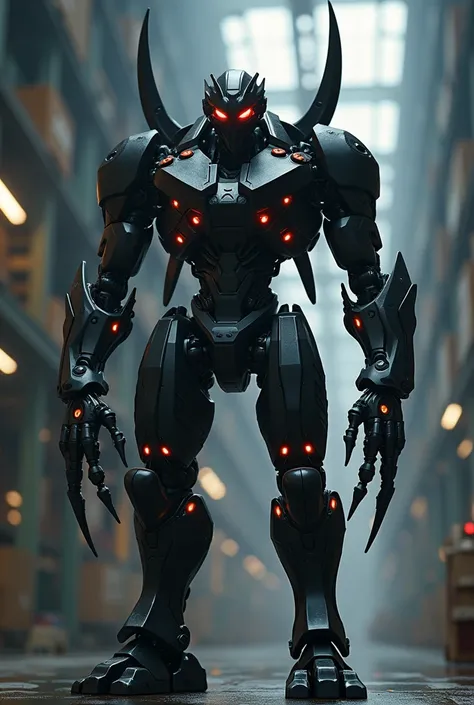 Create a 4D hyperrealistic image of a futuristic robotic entity with a sleek black exoskeleton in the back, equipped with an array of red glowing lights and sharp metallic appendages that resemble scythe-like blades. The robot is in a dynamic attack pose i...