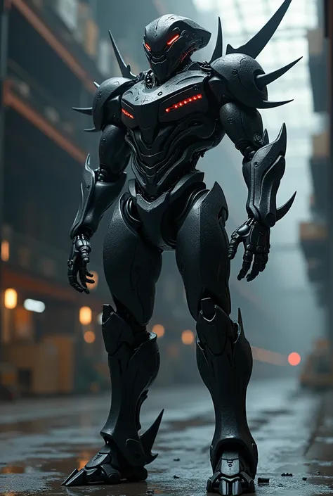 Create a 4D hyperrealistic image of a futuristic robotic entity with a sleek black exoskeleton in the back, equipped with an array of red glowing lights and sharp metallic appendages that resemble scythe-like blades. The robot is in a dynamic attack pose i...