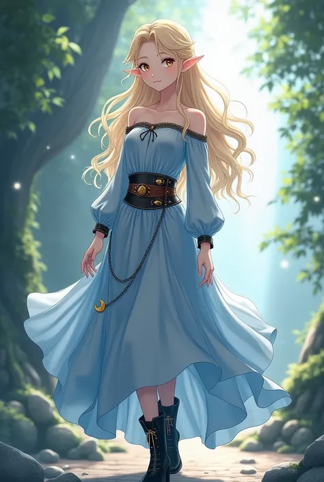 Make it anime-style, Líf is an elf of exceptional beauty, with an angelic appearance and delicate features. Your skin is softly pale, resembling pure porcelain. Her long black eyelashes accentuate an innocent look, with honey-colored eyes that radiate an e...